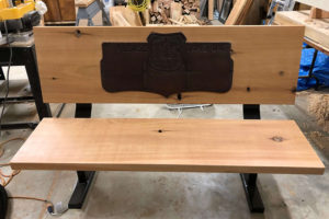 custom made wood bench with inlay